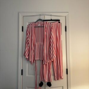 LAKE DreamModal Kimono Pajama Set Striped Coral/Pink and White